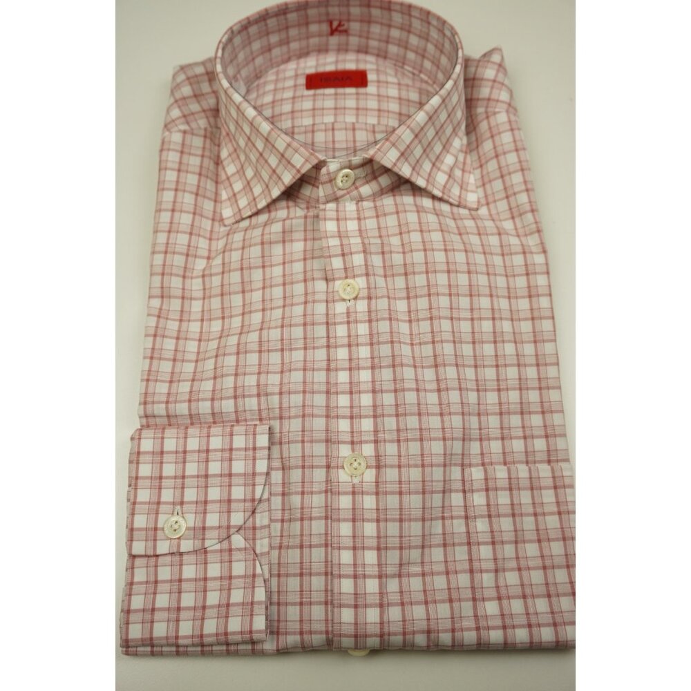 Isaia Medium Pink White Plaid Long Sleeve Cotton Dress Shirt 15.5/39 NEW